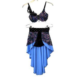 Pumpers Dance Costume Lyrical SA S Adult Blue Bling Lace Velvet Bra Top Skirt